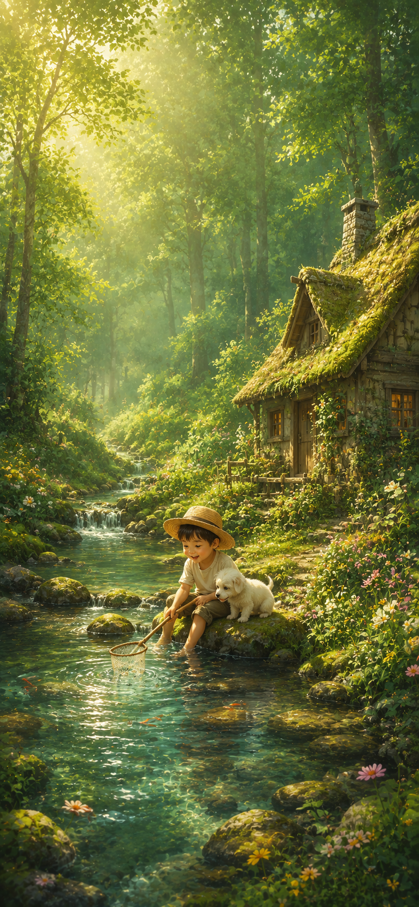 A peaceful woodland cottage beside a clear stream with a child and a small white puppy.
