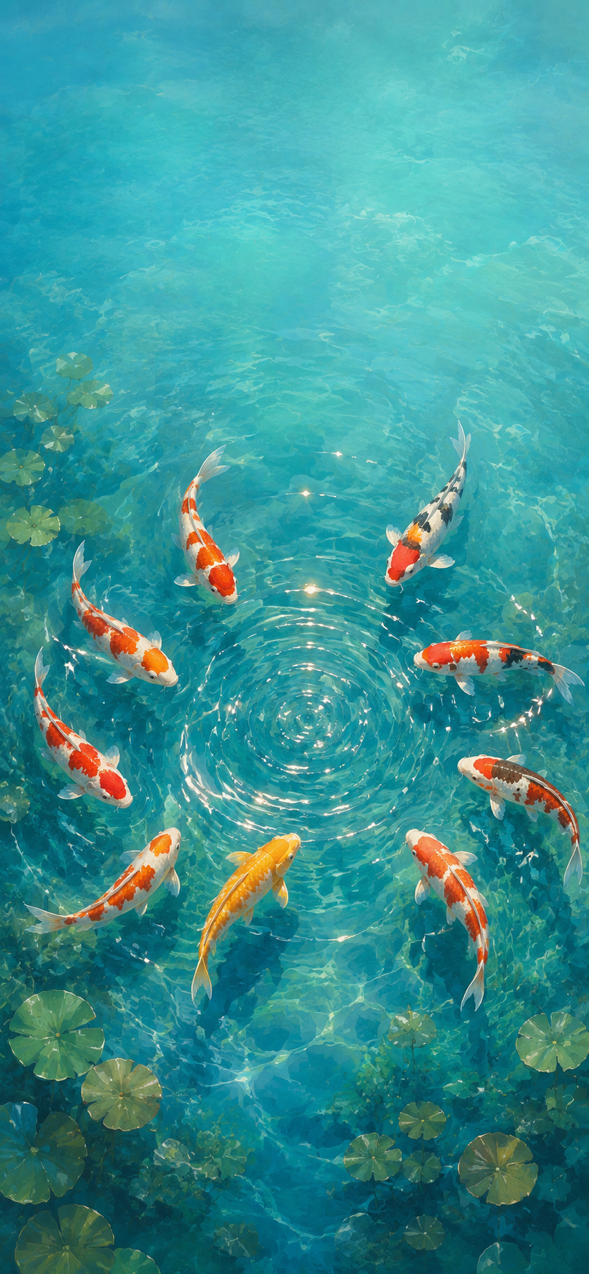 Top-down painterly illustration of colorful koi fish swimming around soft circular ripples in turquoise water.
