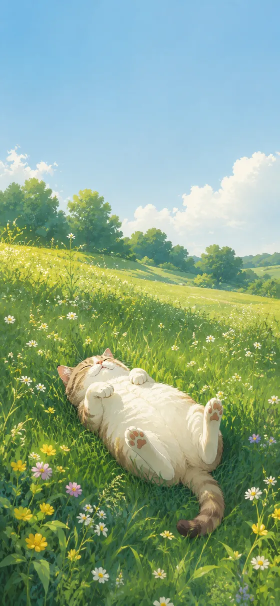 Illustrated cat relaxing on green grass in a peaceful sunlit meadow.