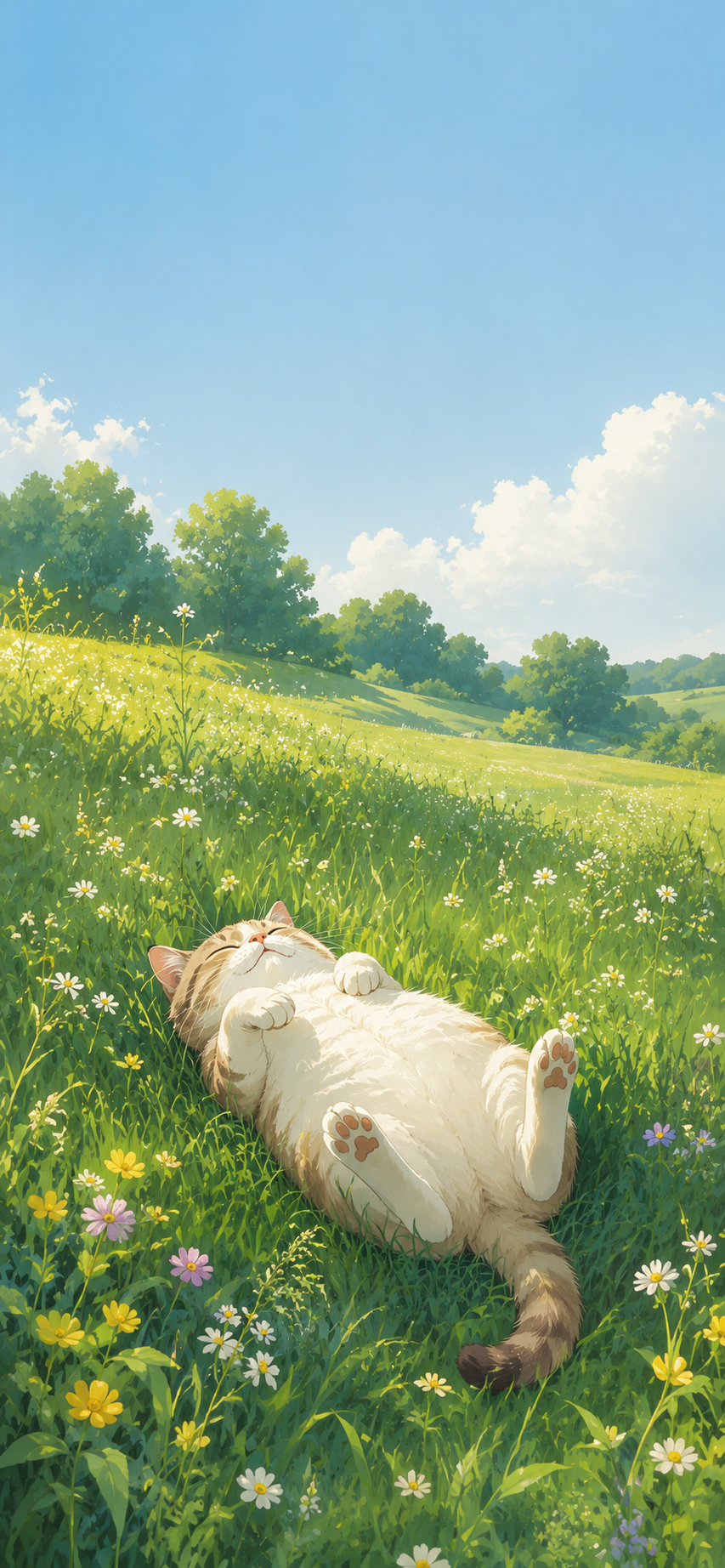 Illustrated cat relaxing on green grass in a peaceful sunlit meadow.