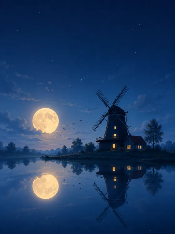 Flat night landscape wallpaper with a windmill beside a moonlit lake, stars, birds, and soft water reflection.