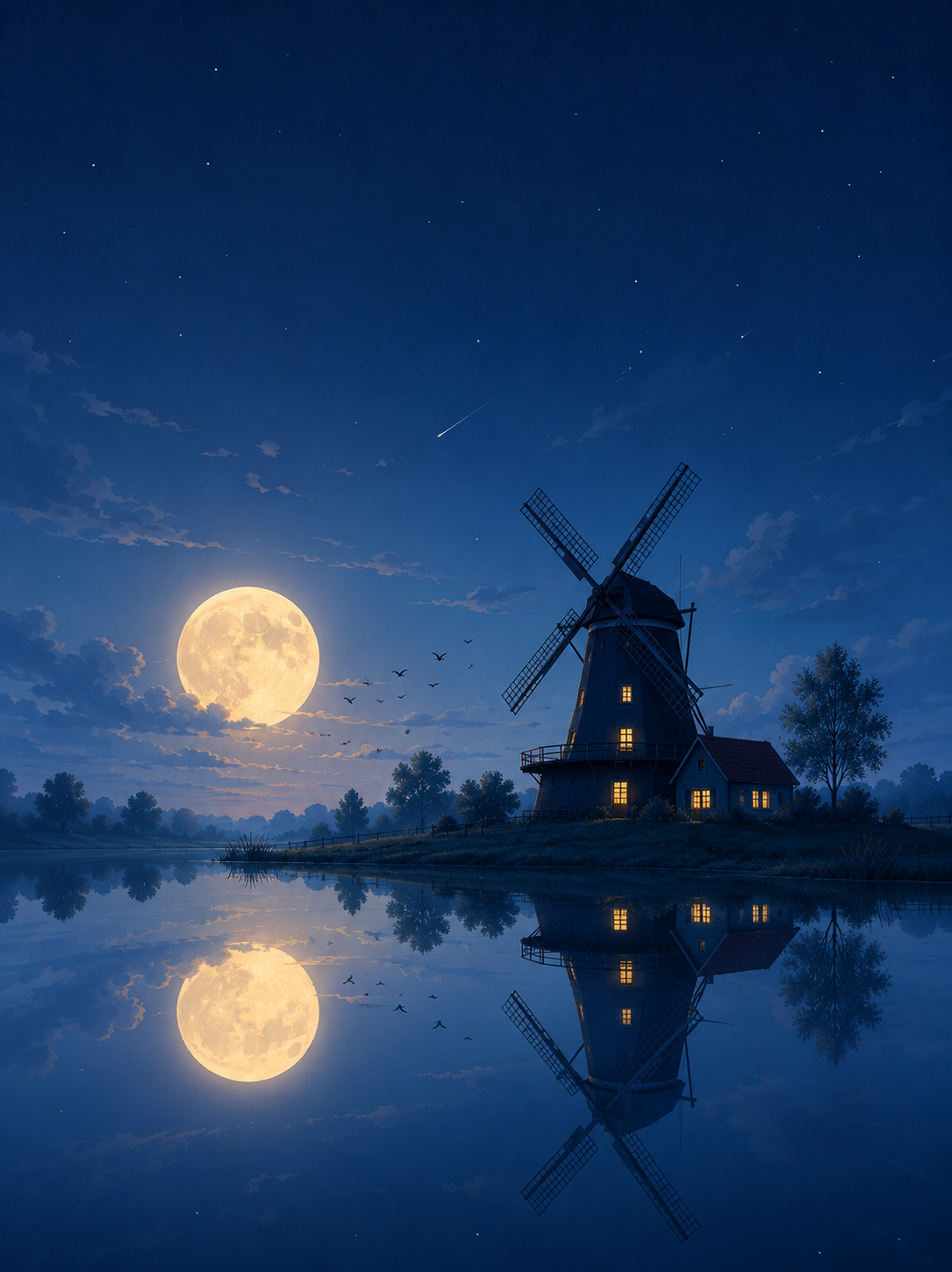 Flat night landscape wallpaper with a windmill beside a moonlit lake, stars, birds, and soft water reflection.