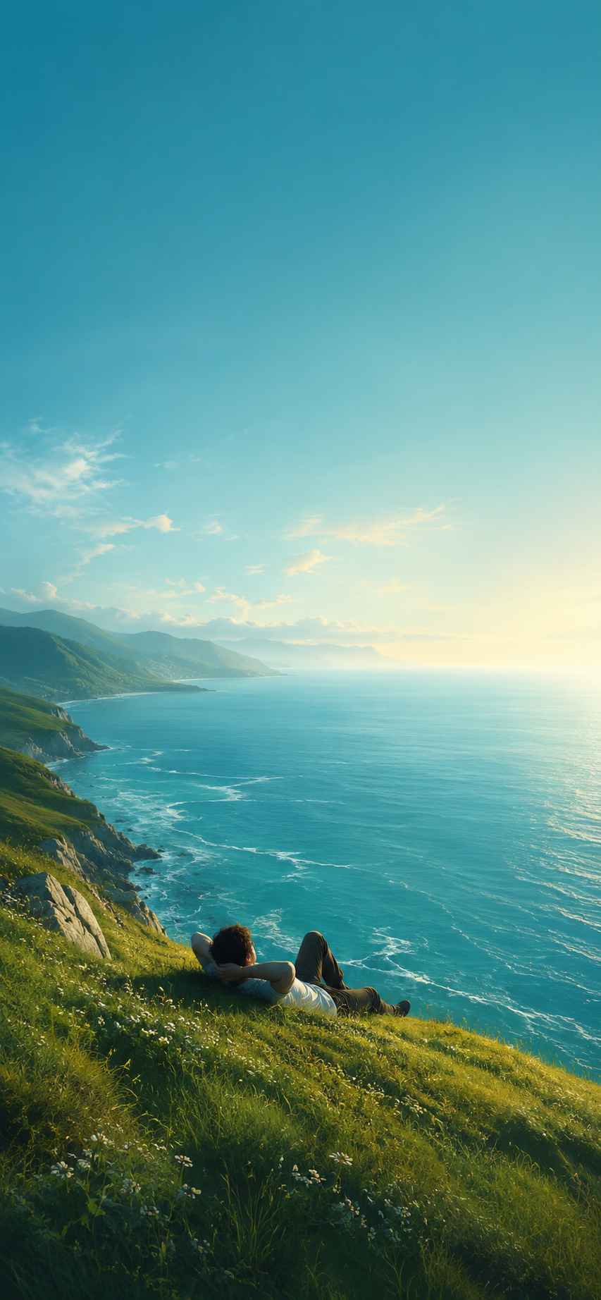 Painterly view of a person relaxing on a grassy cliff above a turquoise ocean under soft sunlight.