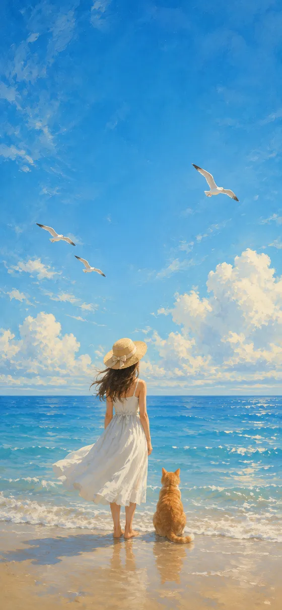 Painterly illustration of a girl in a white dress and an orange cat watching the ocean under a blue sky with seagulls.