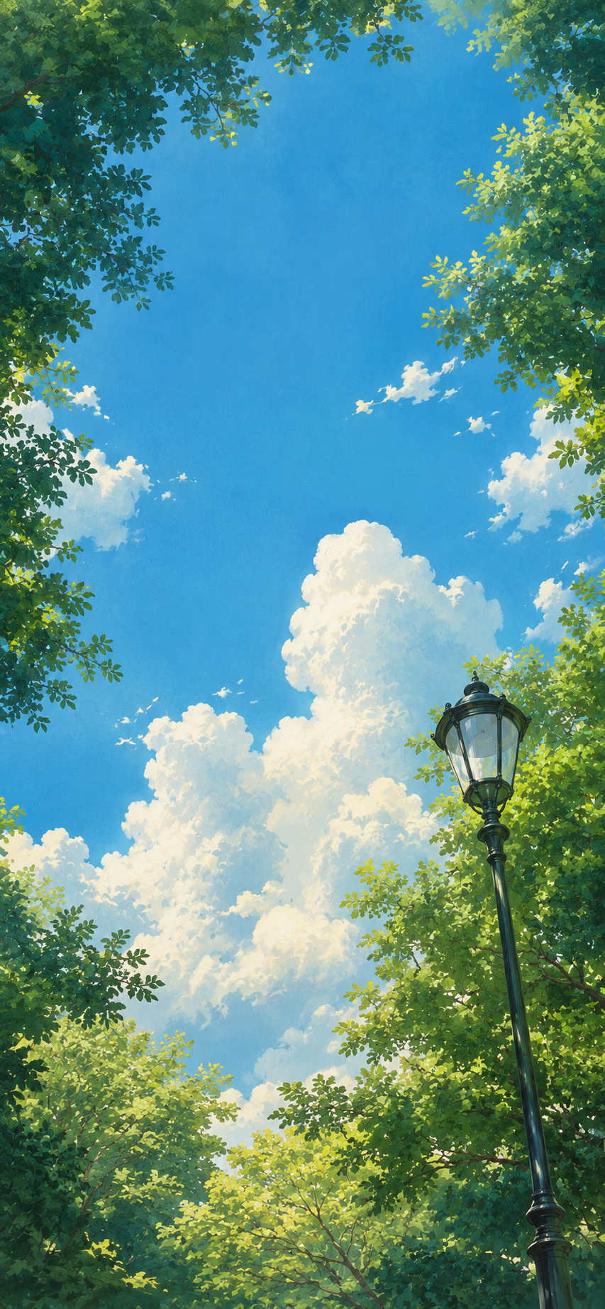 Green summer tree canopy framing a vivid blue sky with white clouds and a vintage street lamp.
