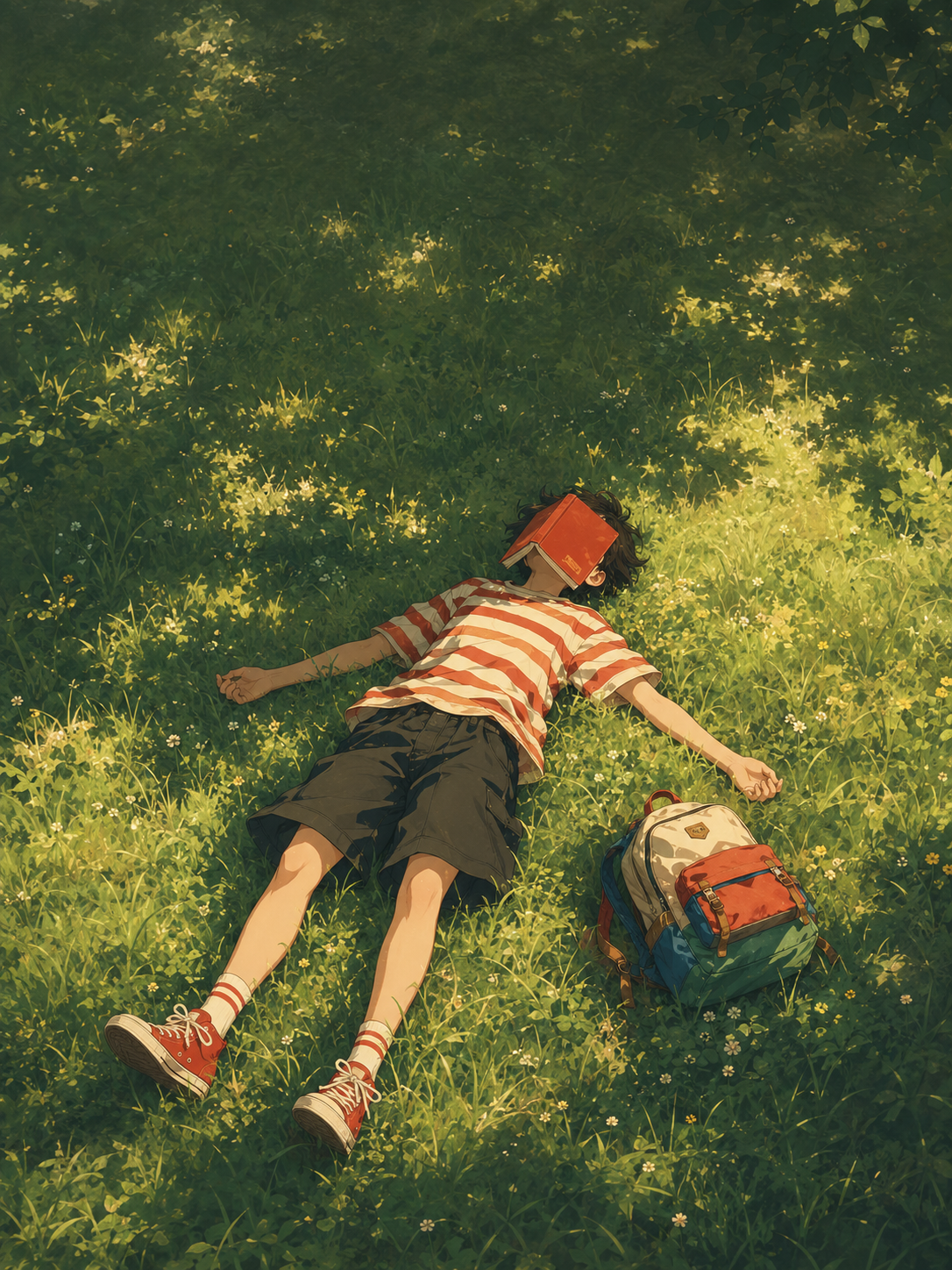 Anime-inspired student lying on sunlit green grass with a book over the face, red sneakers, striped shirt, and backpack nearby.