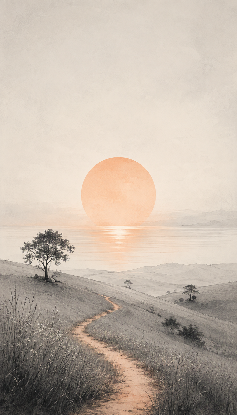 Minimal vertical landscape with a large peach sun, rolling gray hills, sparse trees, and a softly glowing path.