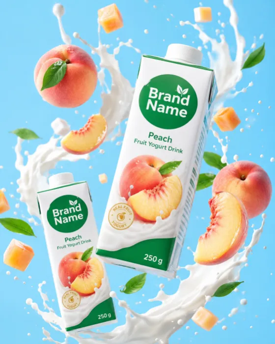 Two beverage cartons with peach graphics floating in a studio surrounded by peaches, leaves, fruit cubes, and white yogurt splashes against a blue background.