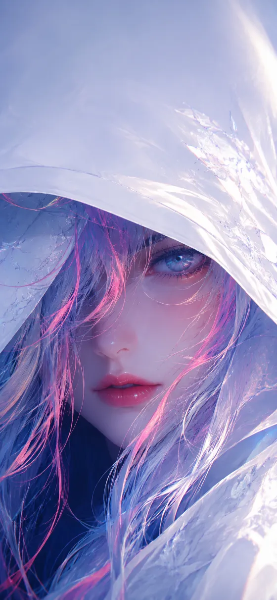Close-up illustrated portrait of a hooded woman with one visible teal eye, silver-white hair, pink strands, and luminous white fabric.