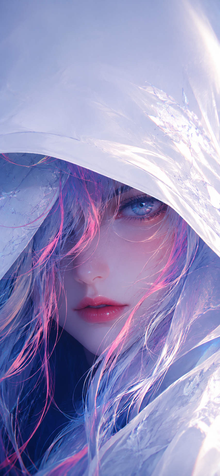 Close-up illustrated portrait of a hooded woman with one visible teal eye, silver-white hair, pink strands, and luminous white fabric.