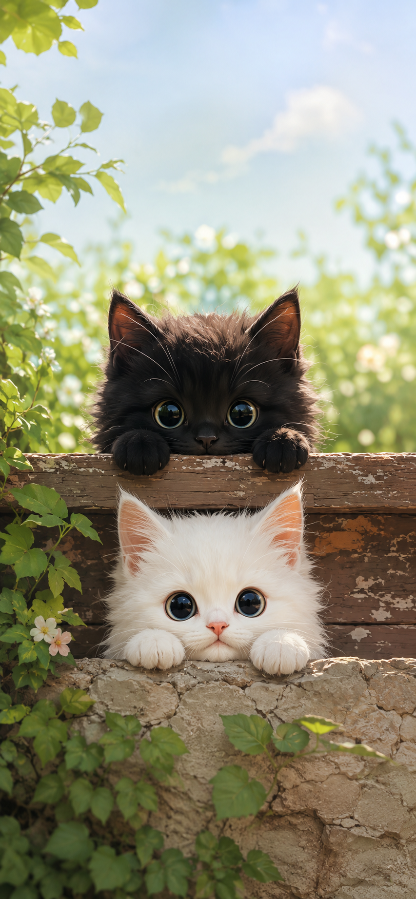 Two cute kittens, one black and one white, peek over a rustic ledge with bright green sunlit foliage and soft painterly bokeh.