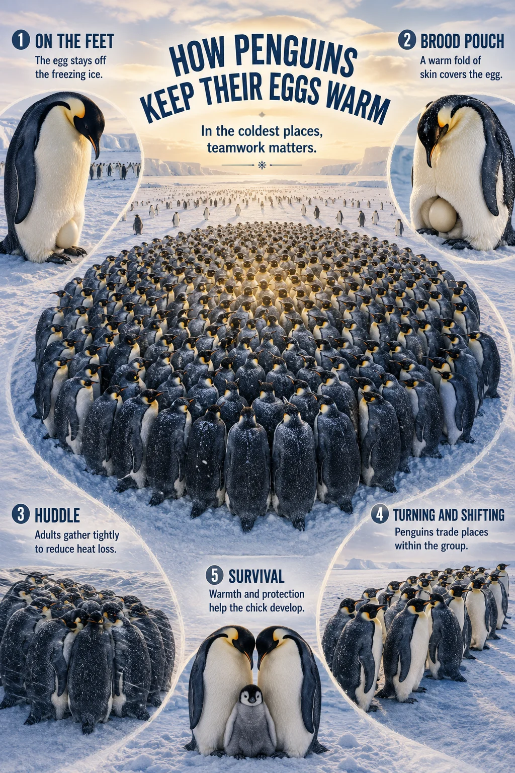 Realistic Antarctic wildlife poster showing emperor penguins protecting eggs on their feet and sharing warmth inside a dense circular huddle.