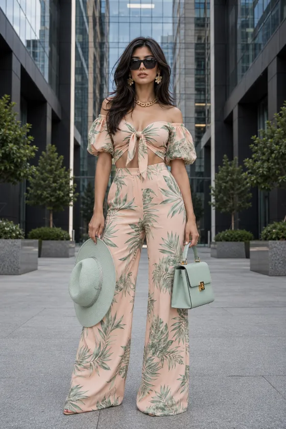 Young Persian fashion subject with light olive skin and long feathered layers standing on a modern plaza in a peach tropical-print outfit with mint handbag, matching hat, oversized black sunglasses, and gold jewelry.