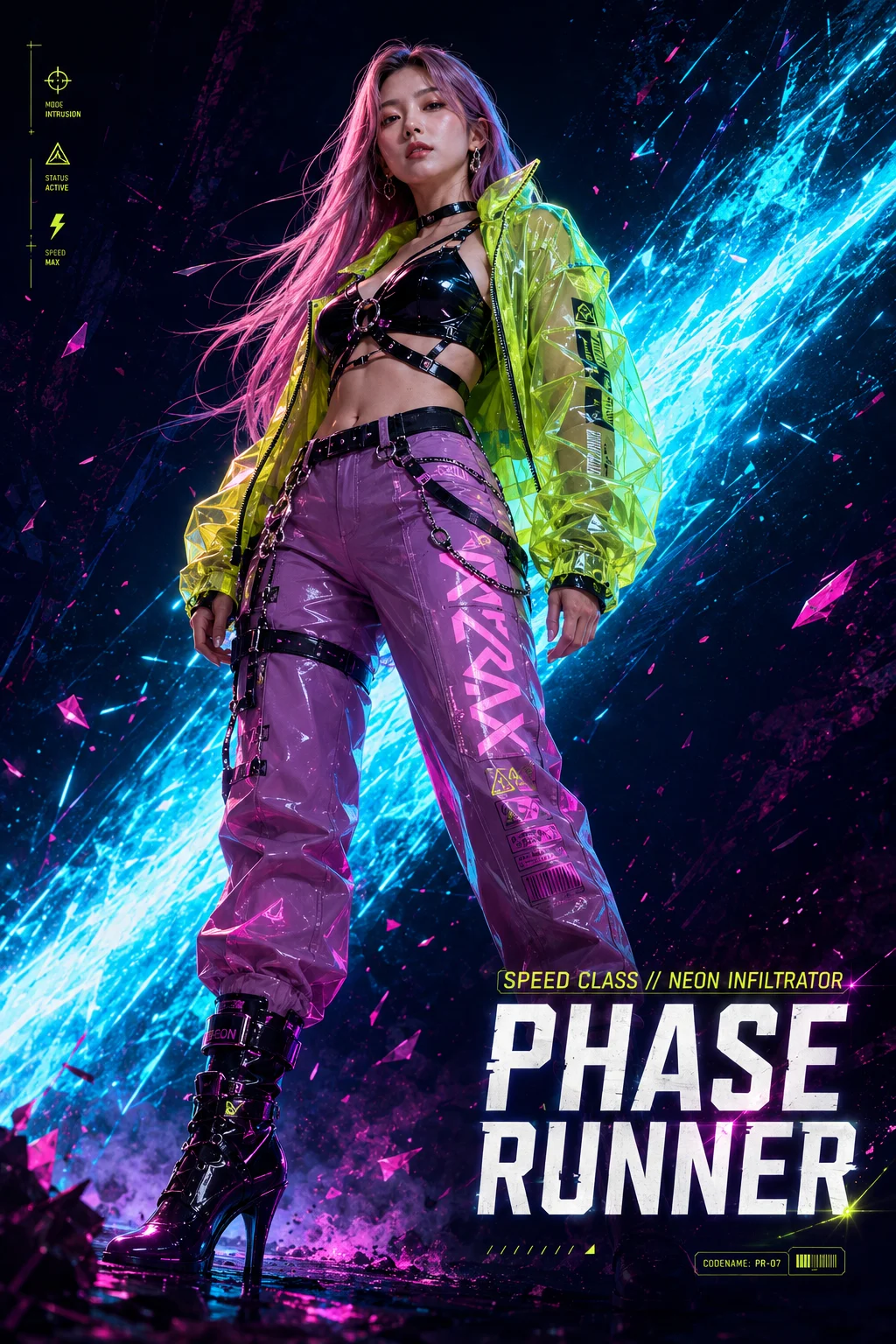 poster typography, sneaker ad, 3D render, woman, abstract cyber combat poster background with diagonal energy slash, shown with cinematic visual styli