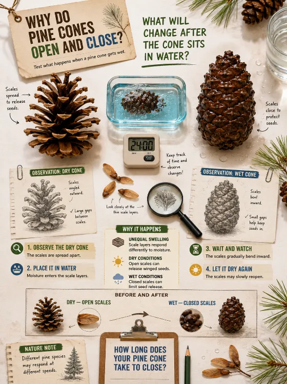 Nature investigation sheet comparing dry open and wet closed pine cones with four experiment steps, three explanations, and a timing challenge.