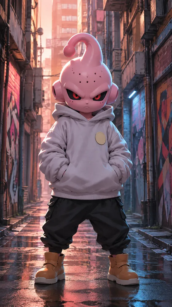 Stylized pink alien mascot wearing streetwear in a narrow futuristic city alley.