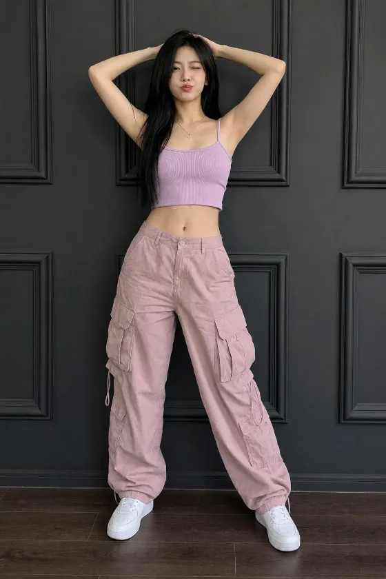 Full-body pastel streetwear look with a lilac-pink crop top, loose pink cargo pants, white sneakers, raised arms, and a dark charcoal wall.