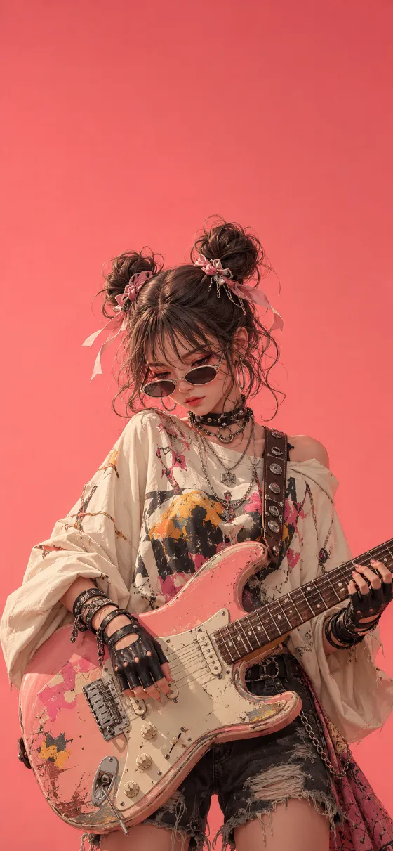 Fashion-editorial portrait of a young woman with double hair buns, oval sunglasses, oversized streetwear, and a pastel-pink electric guitar.