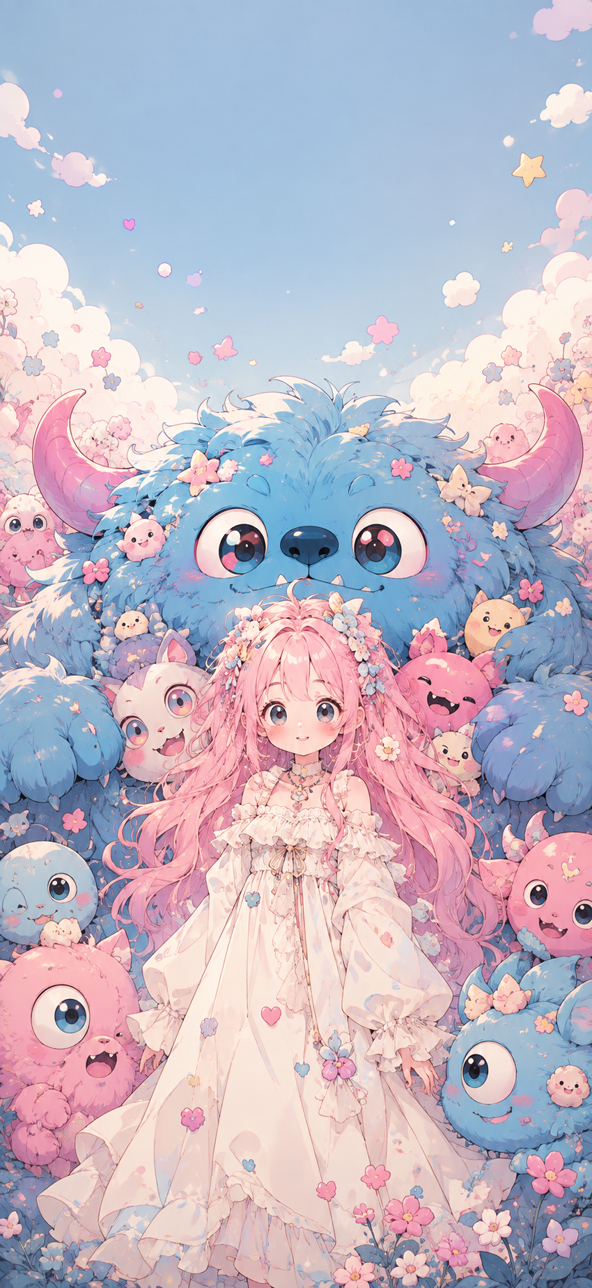 Soft pastel character wallpaper showing a pink-haired girl in a white dress framed by a large blue furry creature and playful cartoon faces.