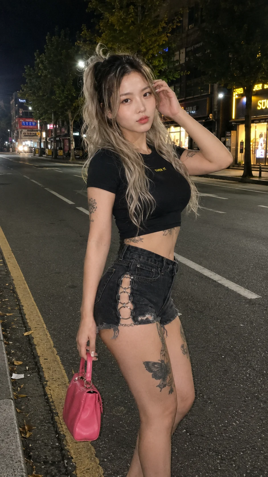 Woman looks over her shoulder at a waterfront railing at night, with city skyline lights behind her in a realistic low-light smartphone photo.