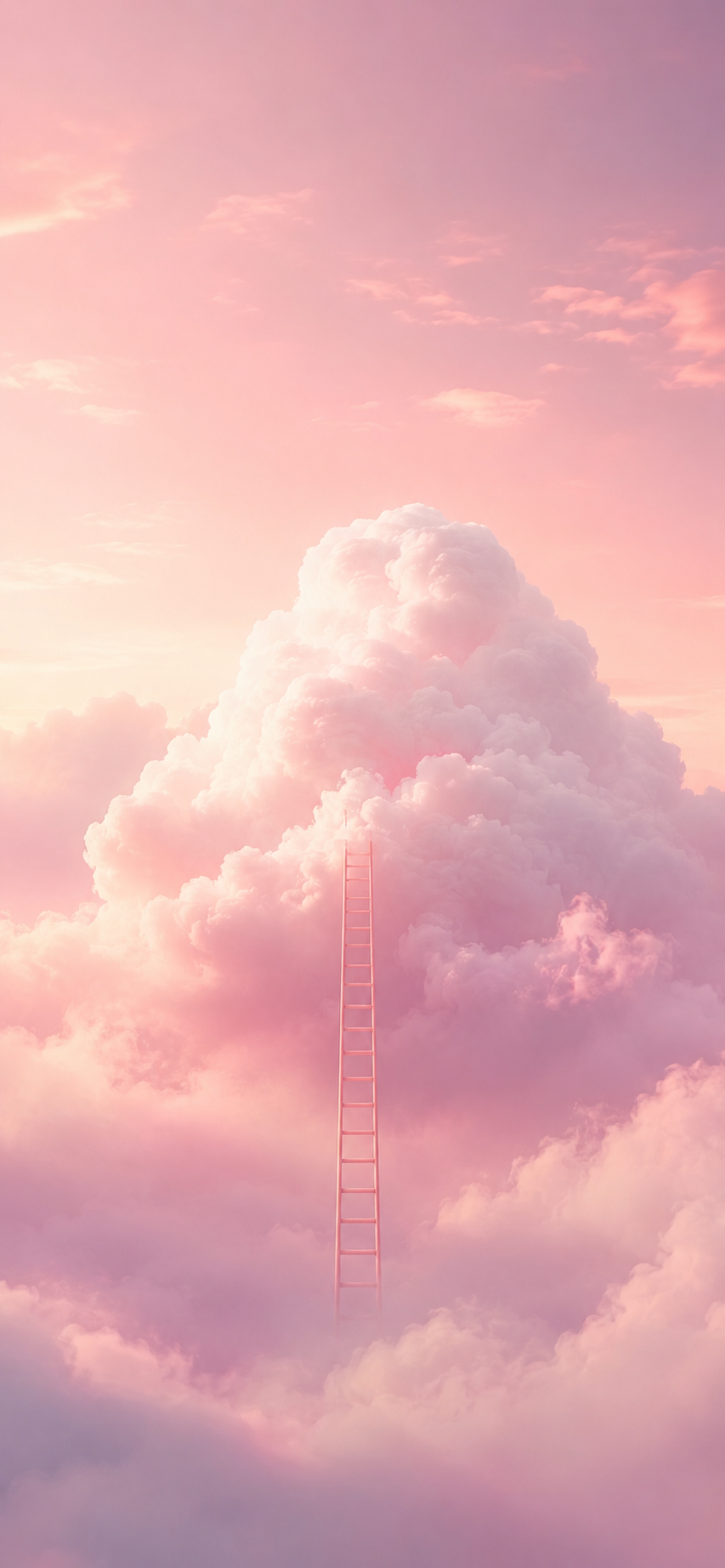 A dreamy vertical Samsung wallpaper showing a slim pink ladder rising through soft blush-white clouds beneath a pastel pink sky.