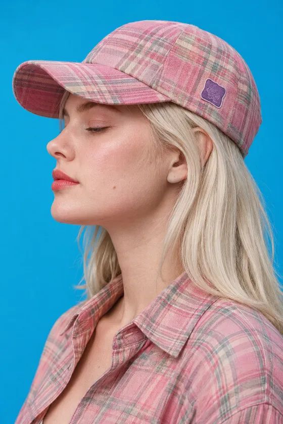 One woman in left-facing profile wears a pink plaid baseball cap and matching shirt with platinum-blonde hair against a vivid cyan-blue studio background.