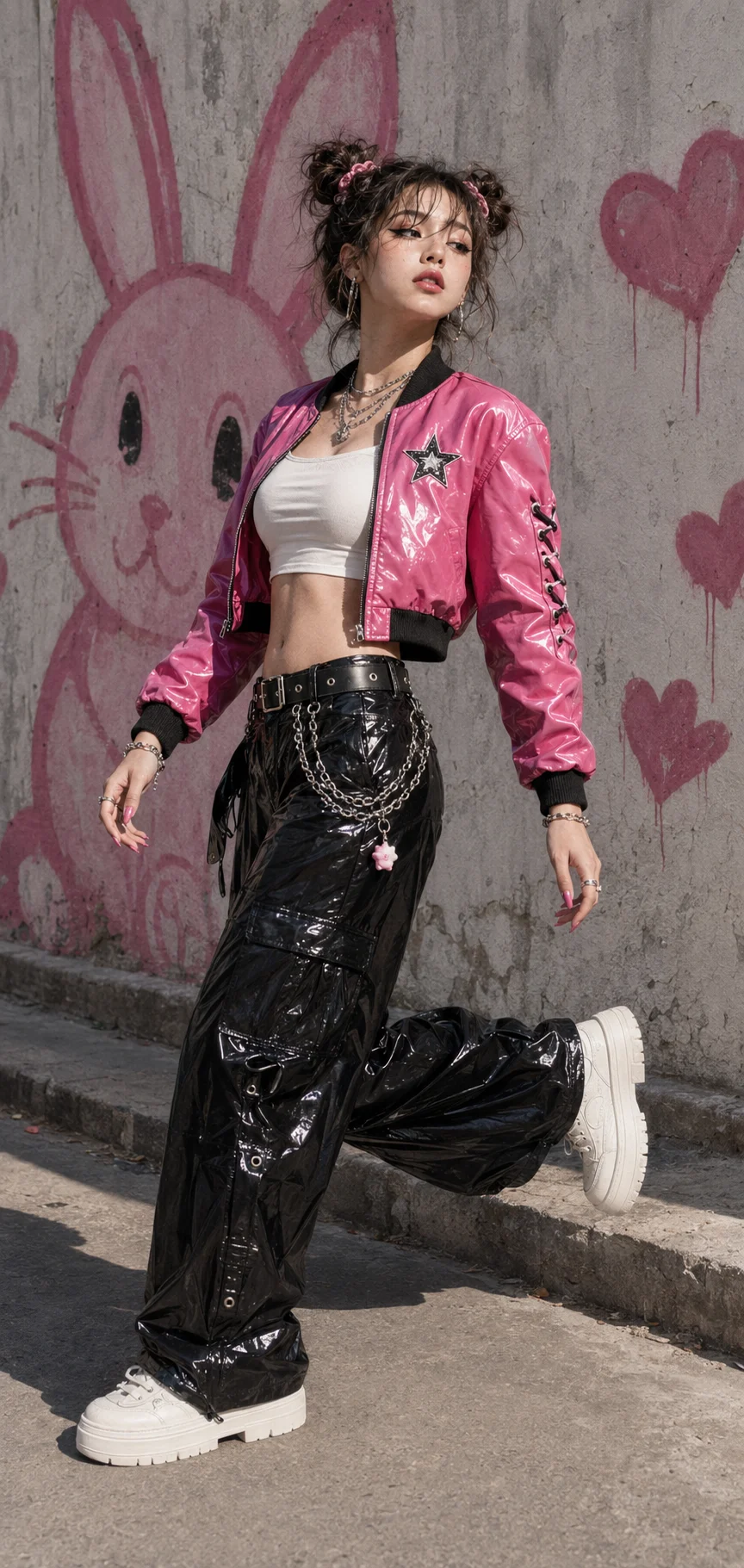 Woman with messy high buns moves through a sunlit alley wearing a hot-pink cropped jacket, glossy black cargo trousers, silver chains, and white platform sneakers.