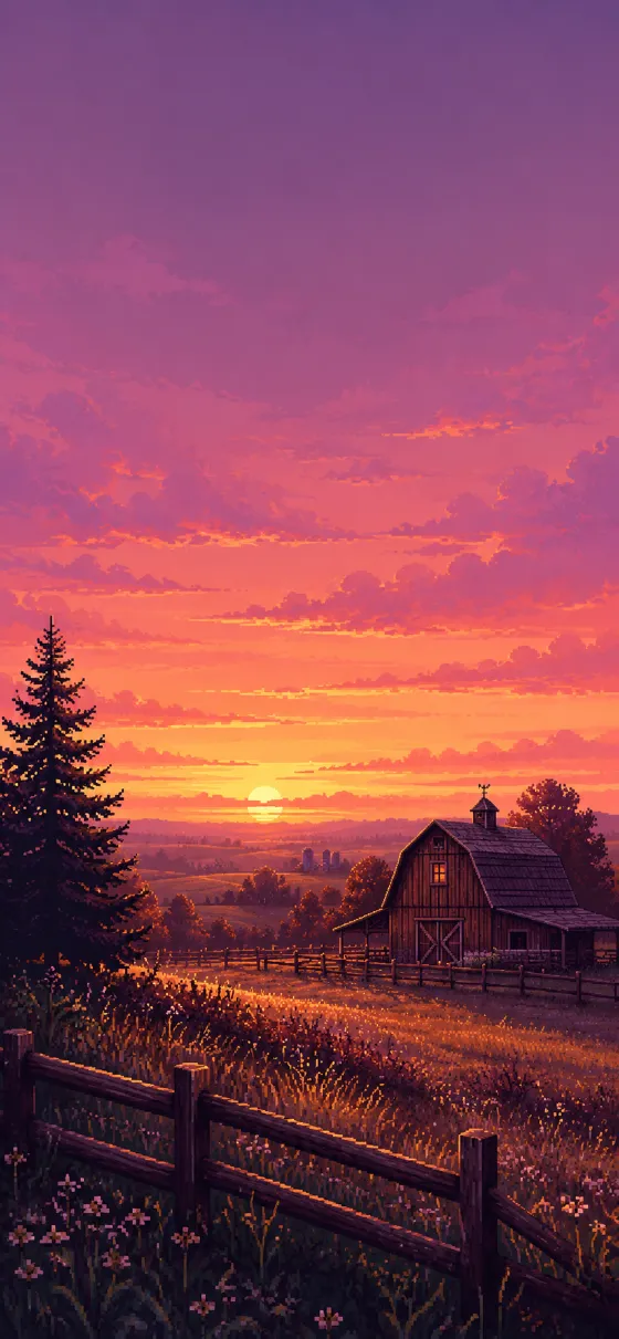 Pixel-art farm sunset with a rustic barn, wooden fences, pine trees, and lavender orange sky.