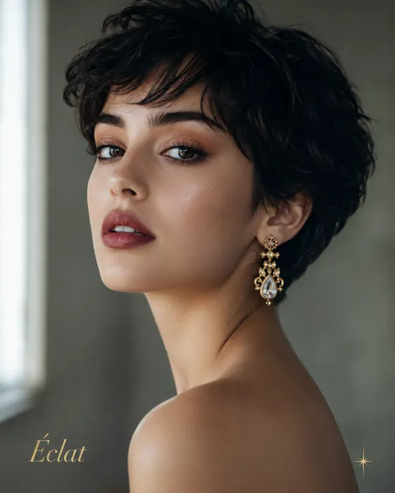 Three-quarter beauty portrait with a short black pixie cut, warm bronze makeup, luminous skin and a detailed gold statement earring.