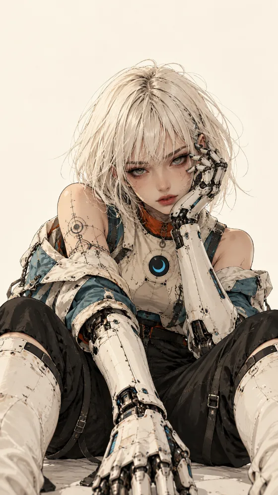 Platinum-blonde cybernetic anime character in cream futuristic armor with robotic hands against a pale ivory background.