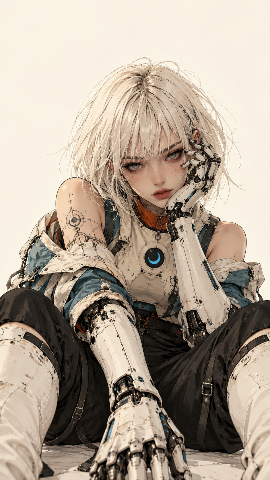 Platinum-blonde cybernetic anime character in cream futuristic armor with robotic hands against a pale ivory background.
