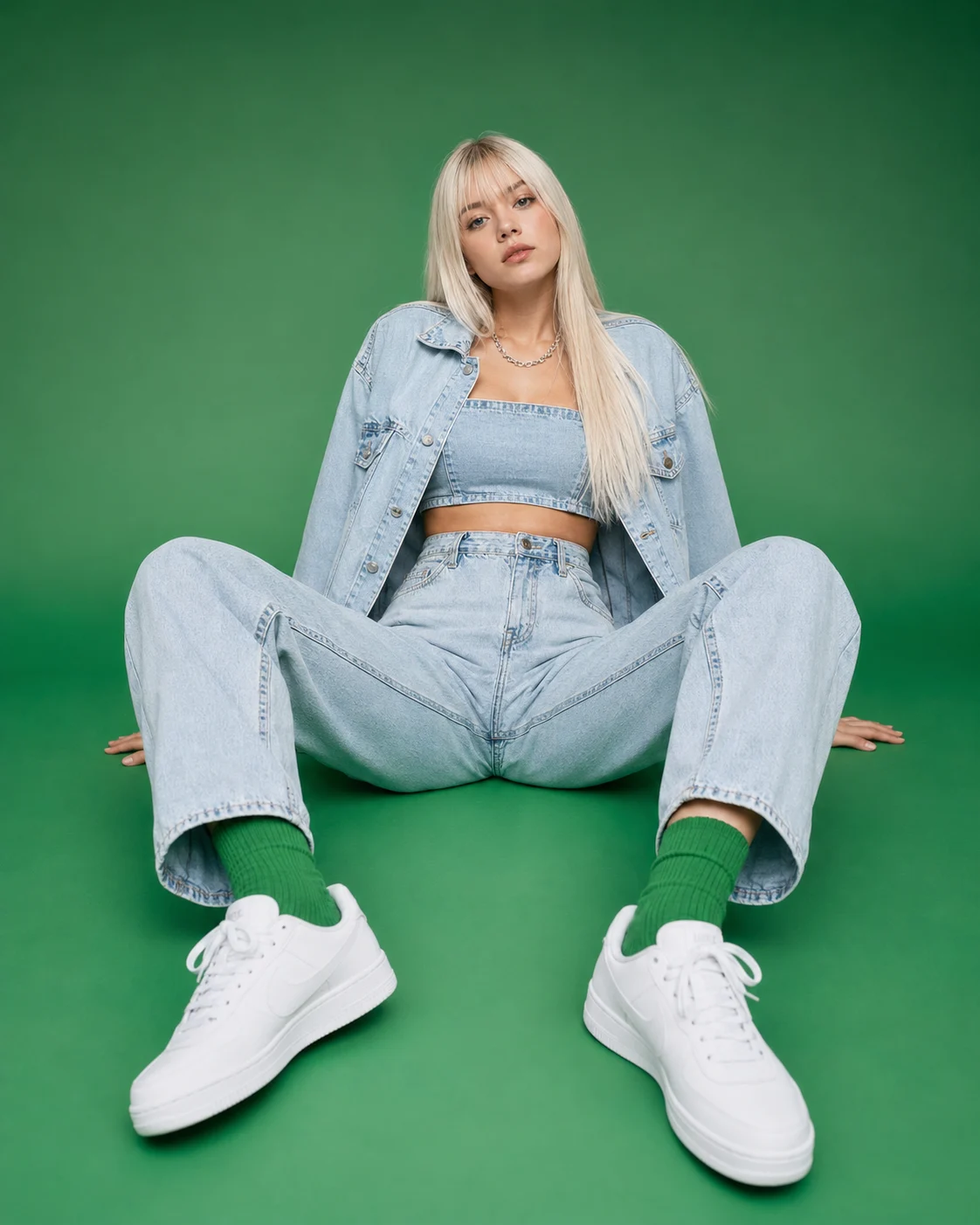 Studio fashion portrait of a platinum-haired subject seated on a green seamless backdrop wearing a denim jacket, cropped denim top, and loose jeans.