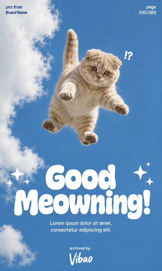 Vertical blue-sky poster showing a cream cat midair above large rounded white greeting text and small sparkles.