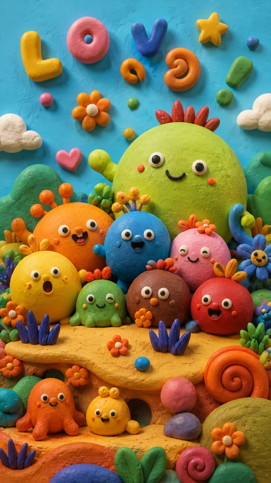 A group of colorful handcrafted clay characters with expressive faces in a whimsical meadow 3D scene.