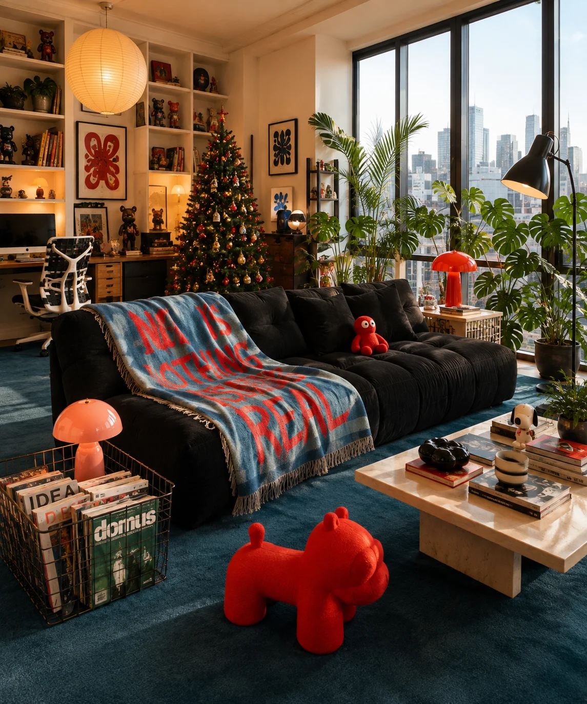 Playful eclectic living room with black sofa, blue graphic throw, colorful decor, plants, books, Christmas tree, and tall windows.