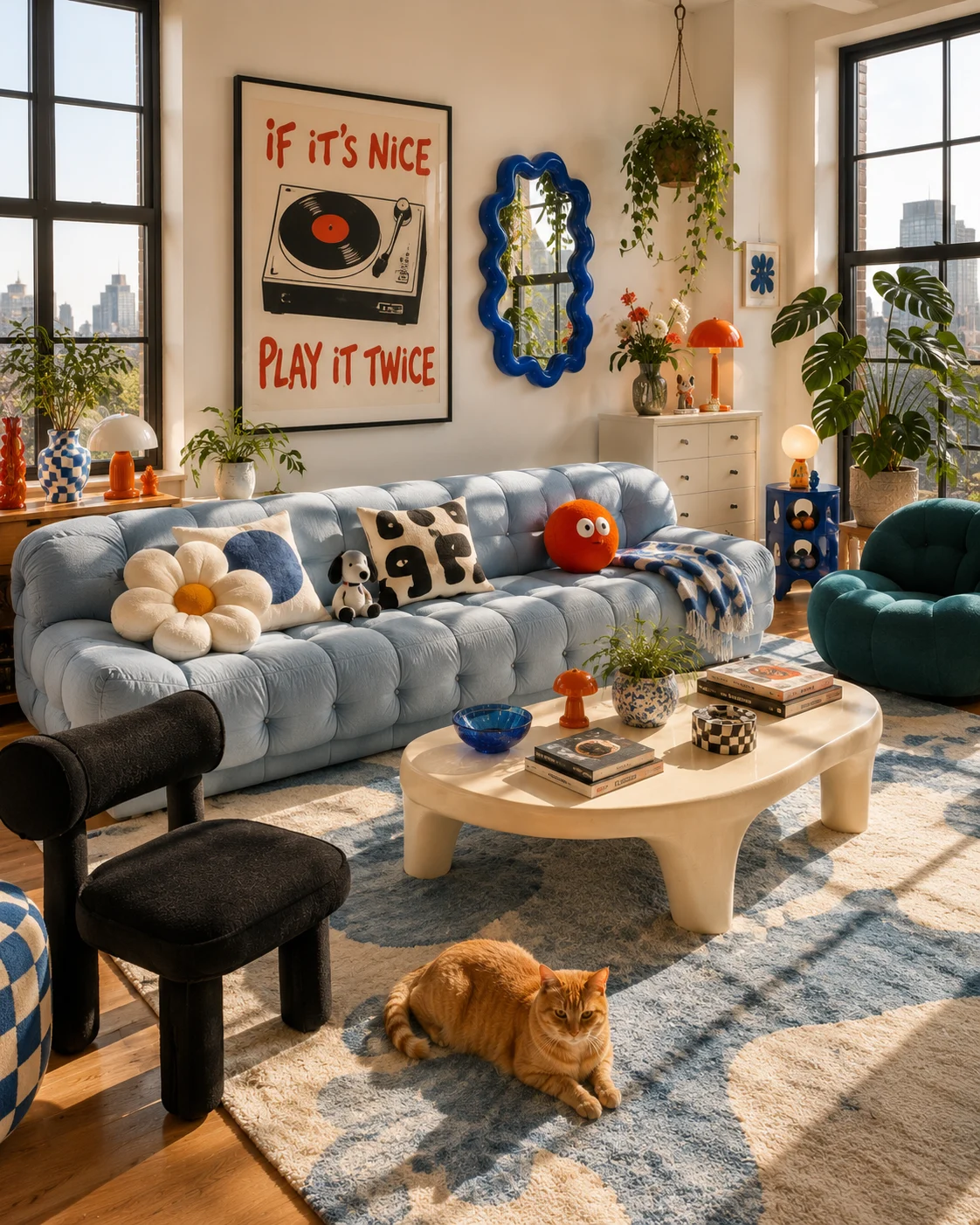 Playful eclectic living room with pale-blue tufted sofa, sculptural furniture, colorful decor, plants, artwork, and abstract rug.