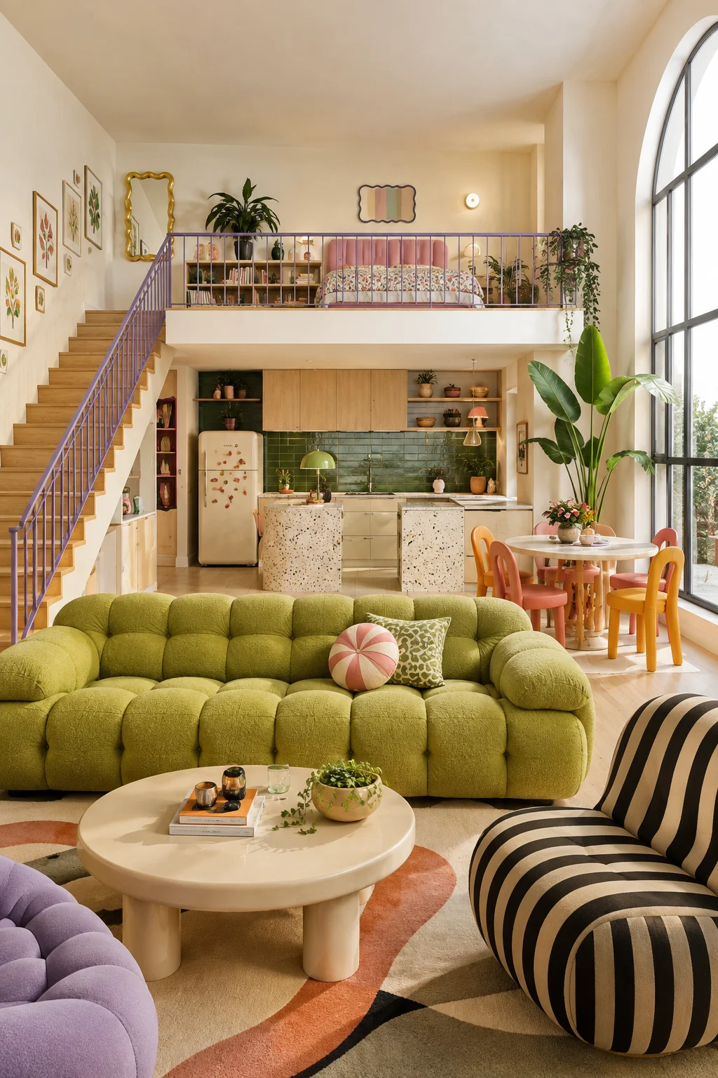 Bright double-height interior with green tufted sofa, mezzanine bedroom, lavender stairs, plants, patterned rug, and arched window.