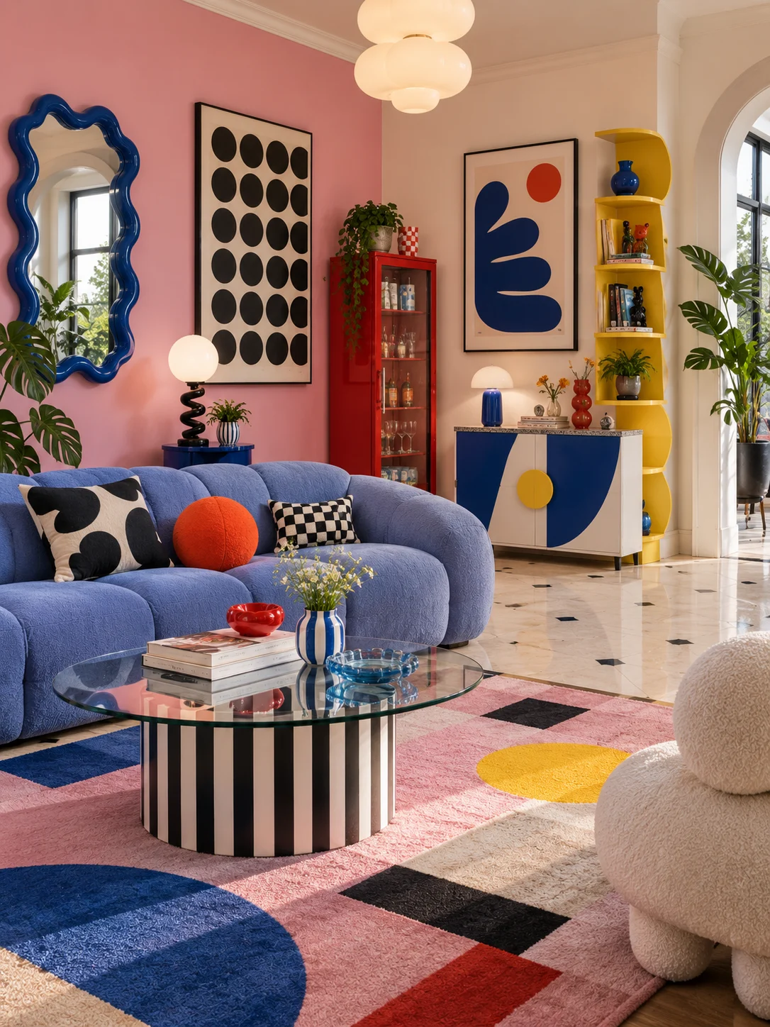 Playful postmodern living room with lavender-blue sofa, pink geometric rug, striped glass coffee table, red cabinet, blue wavy mirror, and yellow shelving.