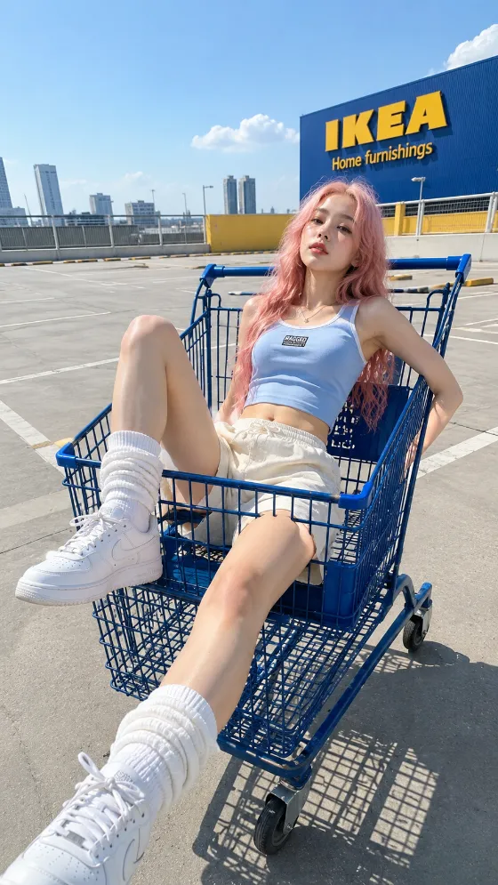 Pastel blue and cream casual outfit with pink hair, chunky sneakers, and shopping cart styling