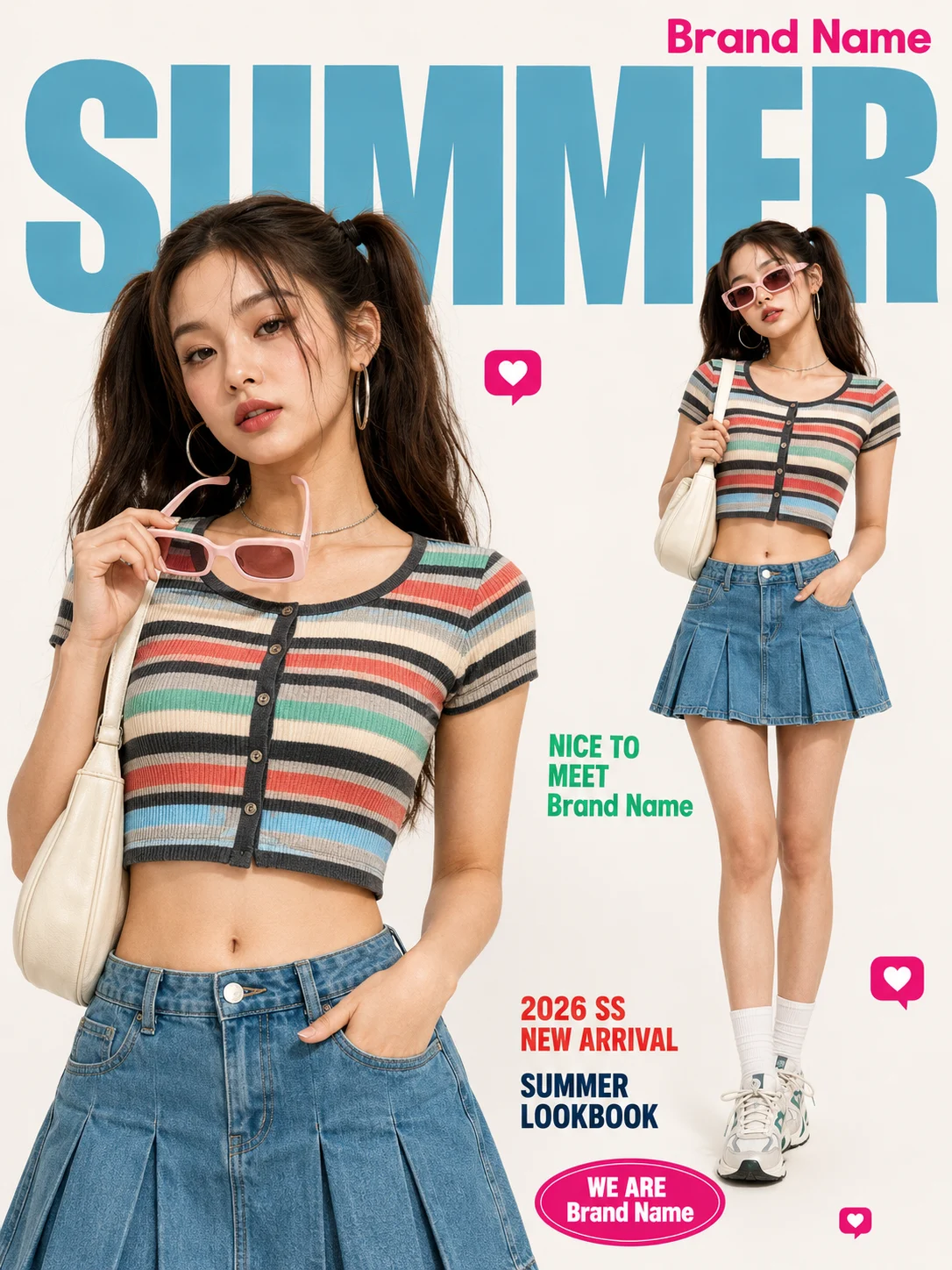 Bright fashion lookbook poster showing a model twice in a striped top, blue denim mini skirt, white socks and chunky sneakers.
