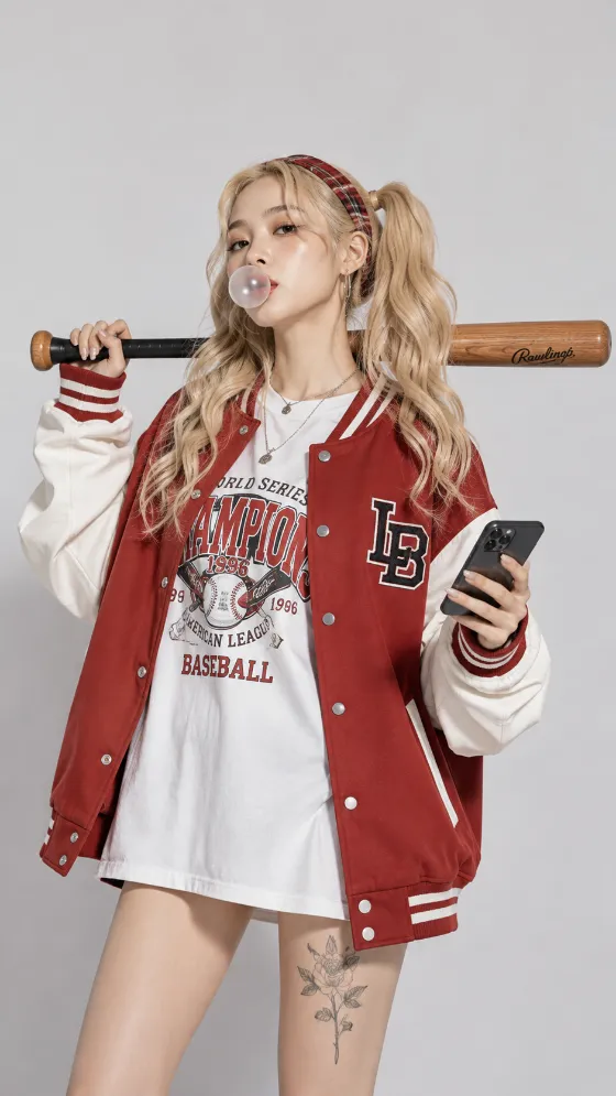 Fashion subject in a red varsity jacket holding a phone with a baseball bat across her shoulders