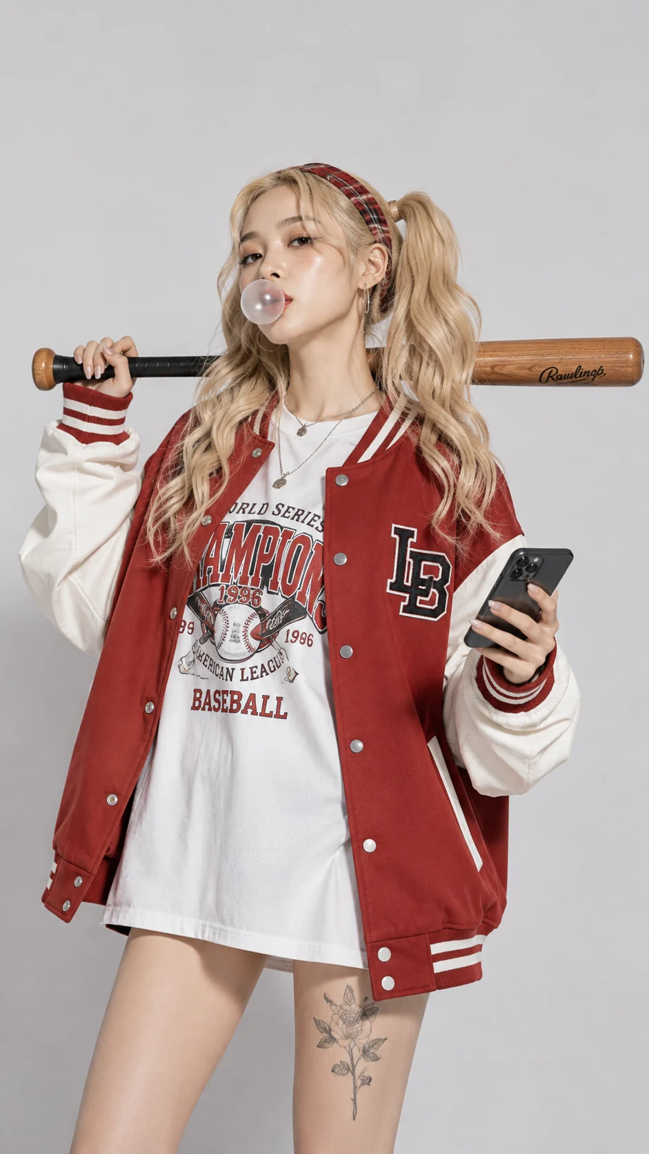 Fashion subject in a red varsity jacket holding a phone with a baseball bat across her shoulders