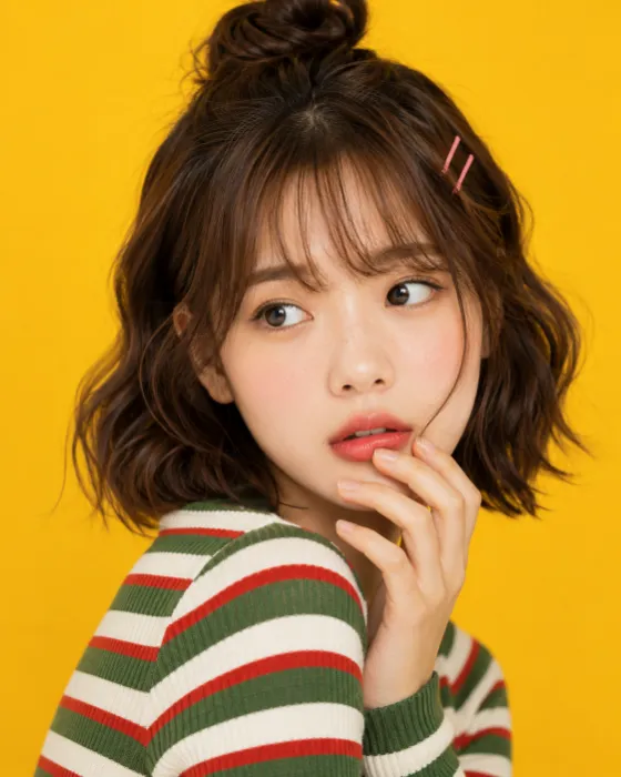 Close beauty portrait of a woman with a sideways gaze, striped knit top, pink hairpins and a saturated yellow studio background.