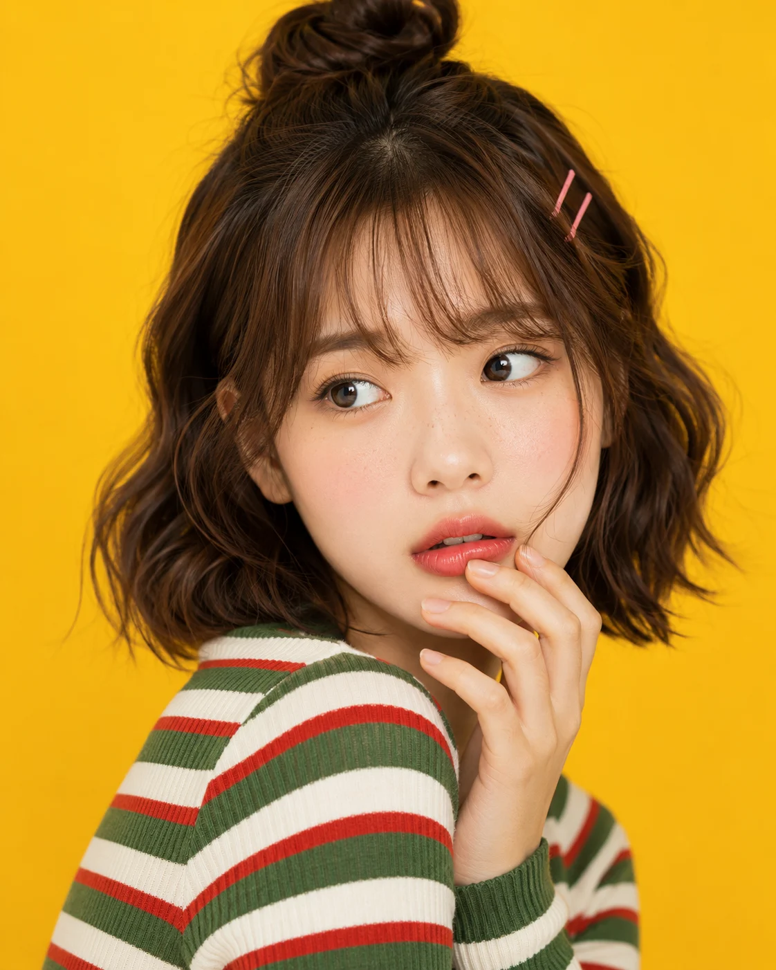 Close beauty portrait of a woman with a sideways gaze, striped knit top, pink hairpins and a saturated yellow studio background.