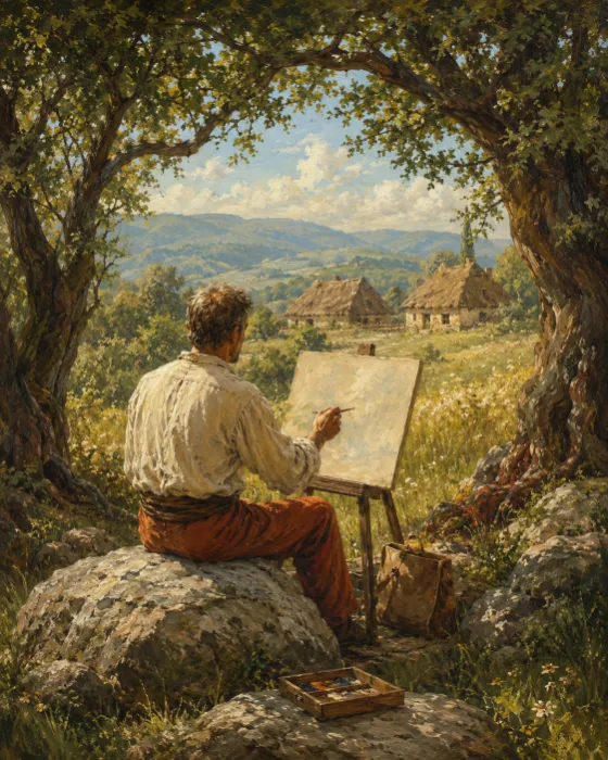 Painter seated on rocks beneath arching trees while painting a rural cottage landscape.