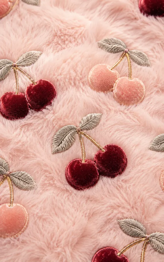 Plush cherry embroidery pattern on pale pink faux fur with burgundy cherries, peach cherries, gray leaves, and gold stems.