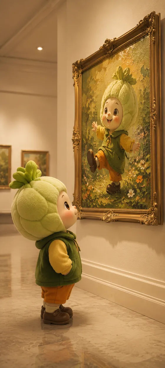 Original plush vegetable-costumed mascot standing in profile and looking at a gold-framed self-portrait in a softly lit ivory art gallery.