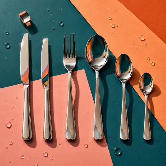 Polished cutlery arranged on geometric color panels with hard shadows and rainbow metal reflections.
