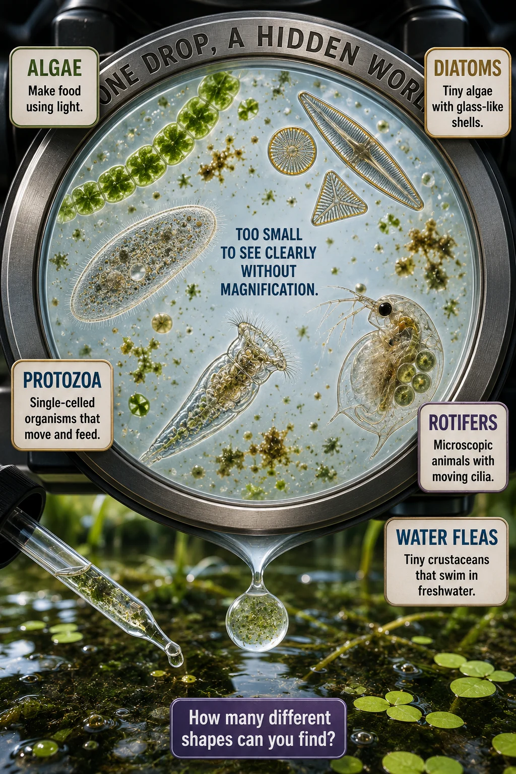 Vertical educational nature-science image showing a pond drop enlarged into a microscope field with green algae, diatoms, a paramecium-like protozoan, a rotifer, and a transparent water flea, plus glossary plaques around the lens rim.