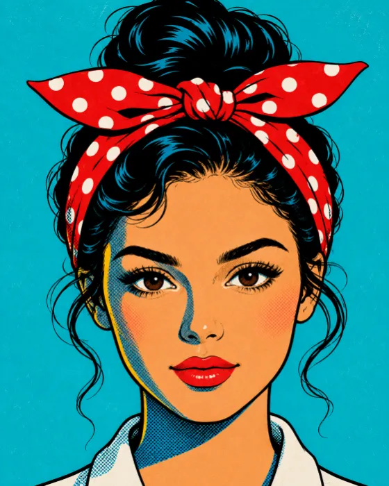 Bold pop art halftone portrait illustration with red bandana, high bun, comic outlines, and turquoise background.
